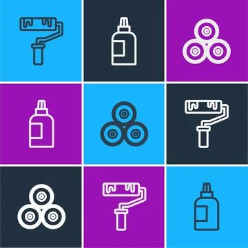 Set line Paint roller brush, spray can and Paint, gouache, jar, dye icon. V.. Stock Illustration