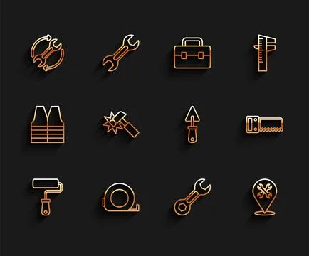 Set line Paint roller brush, Roulette construction, Wrench and arrows as wo.. Stock Illustration