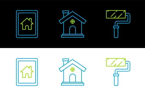 Set line Paint roller brush, Tablet and smart home and House icon. Vector Stock Illustration