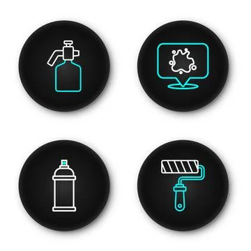 Set line Paint roller brush, spray can,  and gun icon. Vector Stock Illustration