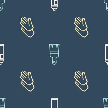 Set line Paint spray can, Rubber gloves and brush on seamless pattern. Vector Illustrazione stock