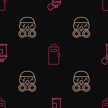 Set line Paint spray can, Gas mask and Police assault shield on seamless pattern Stock Illustration