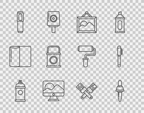 Set line Paint spray can, Pipette, Picture landscape, Computer monitor screen 库存插图