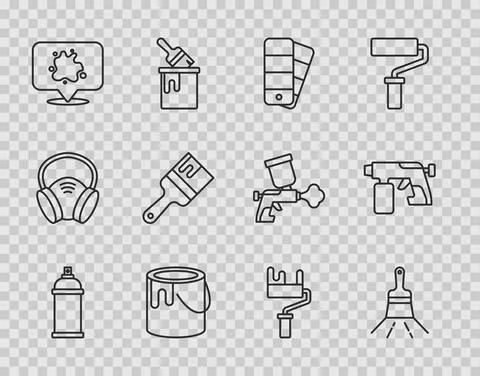 Set line Paint spray can, brush, Color palette guide, bucket, roller and gun Stock-Illustration