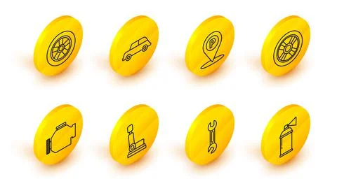 Set line Paint spray can, Wrench, Car seat, Check engine, wheel, Location wit Stock Illustration