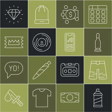 Set line Paint spray can, Wide pants, Bullet, Stacks paper money cash, Vinyl 스톡 일러스트