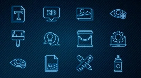 Set line Paint spray can, Laptop and gear, Picture landscape, Light bulb with Stock Illustration