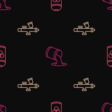Set line Paint spray can, gun and bucket on seamless pattern. Vector Stock Illustration