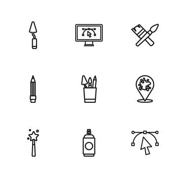 Set line Paint spray can, Bezier curve, Pencil case stationery, brush, Pale.. Stock-Illustration