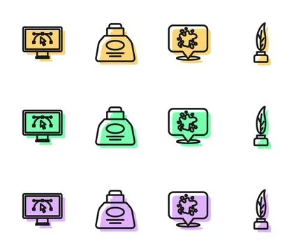 Set line Paint spray, Computer with design program, Inkwell and Feather and Stock Illustration