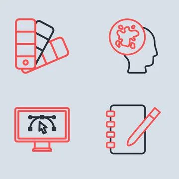 Set line Paint spray, Computer with design program, Notebook and Color pale.. 스톡 일러스트