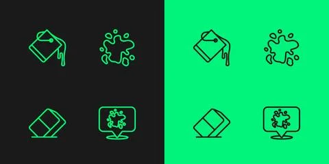 Set line Paint spray, Eraser or rubber, bucket and  icon. Vector Stock Illustration