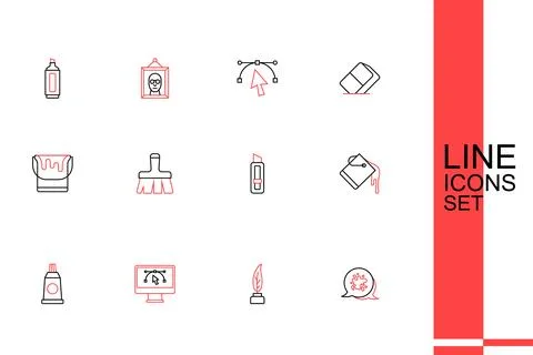 Set line Paint spray, Feather and inkwell, Computer with design program, Tu.. Stock Illustration