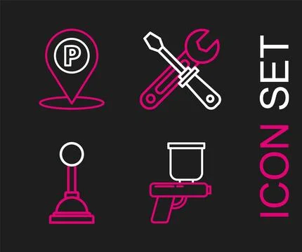 Set line Paint spray gun Gear shifter Screwdriver and wrench tools and Locati Stock Illustration