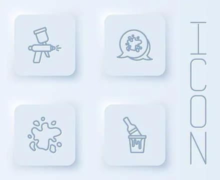 Set line Paint spray gun,  and bucket with brush. White square button. Vector Stock Illustration
