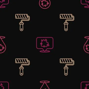 Set line Paint spray, roller brush and  on seamless pattern. Vector Stock Illustration