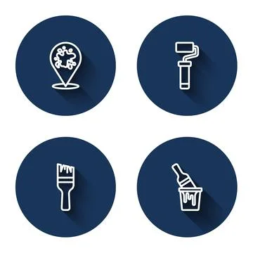 Set line Paint spray, roller brush, and bucket with with long shadow. Blue Stock Illustration