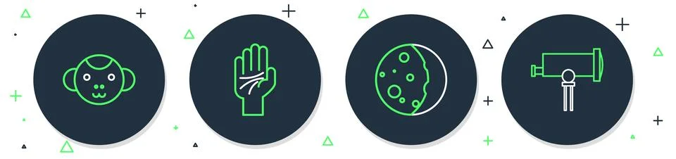 Set line Palmistry of the hand, Eclipse sun, Monkey zodiac and Telescope icon 스톡 일러스트