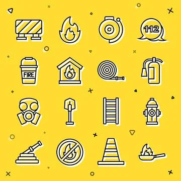 Set line Pan with fire, Fire hydrant, extinguisher, Ringing alarm bell, bur.. Illustration