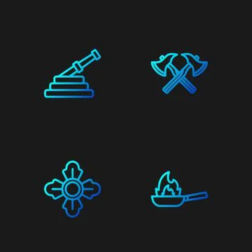 Set line Pan with fire, Firefighter, hose reel and axe. Gradient color icons Stock Illustration