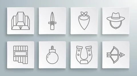 Set line Pan flute, Dagger, Bomb ready to explode, Horseshoe, Bow and arrow i Stock Illustration