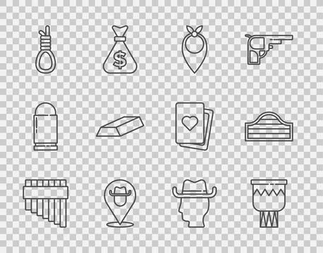 Set line Pan flute, Drum, Cowboy bandana, Location cowboy, Gallows rope loop Stock Illustration
