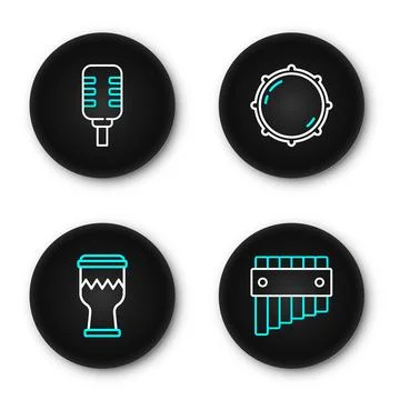 Set line Pan flute, Drum, Dial knob level and Microphone icon. Vector Stock Illustration