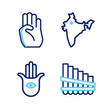 Set line Pan flute, Hamsa hand, India map and Indian symbol icon. Vector Stock Illustration