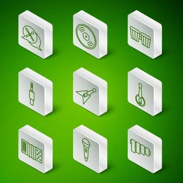 Set line Pan flute, Microphone, Drum sticks, Electric bass guitar, Audio jack Ilustração Stock