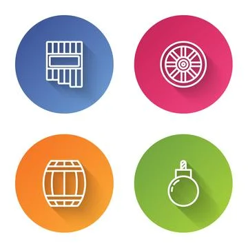 Set line Pan flute, Old wooden wheel, Gun powder barrel and Bomb ready to Stock Illustration