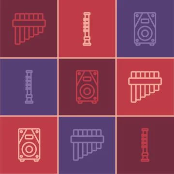 Set line Pan flute, Stereo speaker and Flute icon. Vector Illustrazione stock
