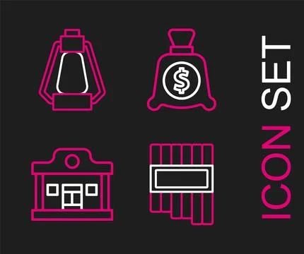 Set line Pan flute, Wild west saloon, Money bag and Camping lantern icon. V.. Ilustración de archivo