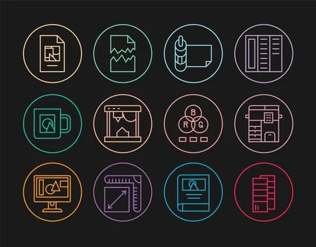Set line Pantone, Copy machine, Roll of paper, 3D printer, Coffee cup, File.. Stock Illustration