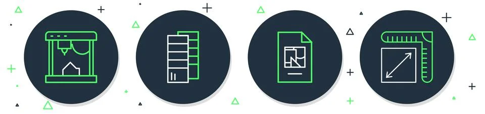 Set line Pantone, File document, 3D printer and Paper size icon. Vector Stock Illustration