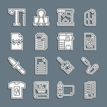 Set line Pantone, Paint roller brush, File document, 3D printer, Torn, Text a Illustrazione stock