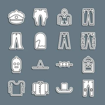 Set line Pants, Backpack, Cargo pants, Hoodie, Christmas mitten, Police cap.. Stock Illustration