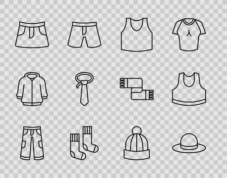 Set line Pants, Man hat, Undershirt, Socks, Skirt, Tie, Winter and icon. Vector Stock Illustration