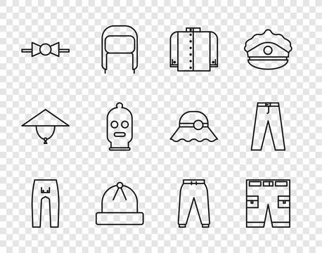 Set line Pants, Short or pants, T-shirt, Winter hat, Bow tie, Balaclava, Sp.. Stock Illustration