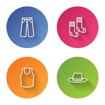 Set line Pants, Socks, Undershirt and Man hat. Color circle button. Vector Stock Illustration