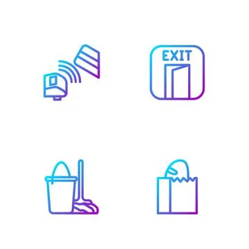 Set line Paper bag with bread loaf, Mop and bucket, POS terminal credit card and Stock-Illustration