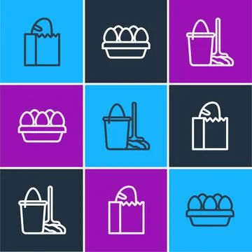 Set line Paper bag with bread loaf, Mop and bucket and Chicken egg in box icon Stock-Illustration