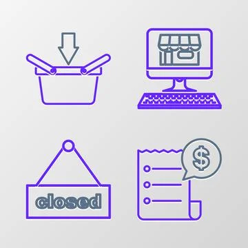 Set line Paper check and financial check, Hanging sign with text Closed, Shop Illustrazione stock