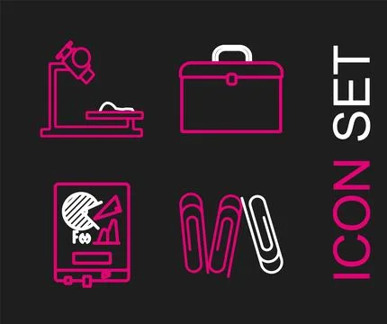 Set line Paper clip, Board with graph chart, Briefcase and Microscope icon Illustrazione stock