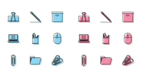 Set line Paper clip, Document folder, Binder, Pencil case stationery, Computer Stock Illustration