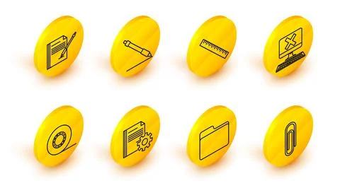 Set line Paper clip, Document folder, settings with gears, Scotch, Computer Stock Illustration