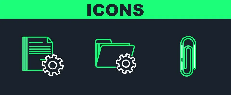 Set line Paper clip, Document settings with gears and Folder icon. Vector Stock Illustration