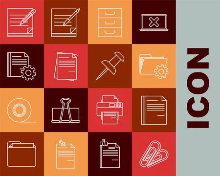 Set line Paper clip, File document, Folder settings with gears, Drawer documents Stock Illustration