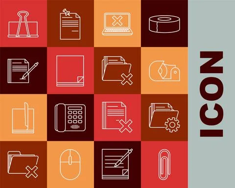Set line Paper clip, Folder settings with gears, Scotch, Laptop and cross mark Illustrazione stock