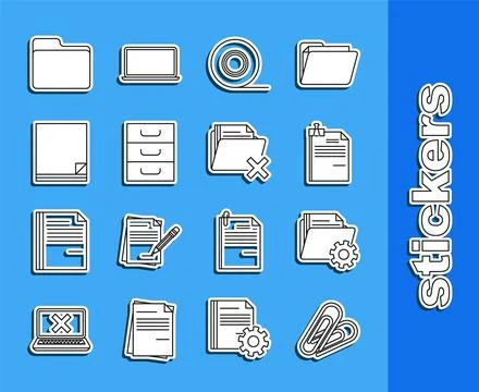 Set line Paper clip, Folder settings with gears, File document and binder, Sc Ilustración de archivo
