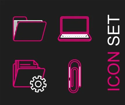Set line Paper clip Folder settings with gears Laptop and Document folder ico イラスト素材